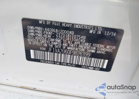 2015 Subaru Wrx Sti Limited z USA, uszkodzony, nr VIN JF1VA2U60F9826399